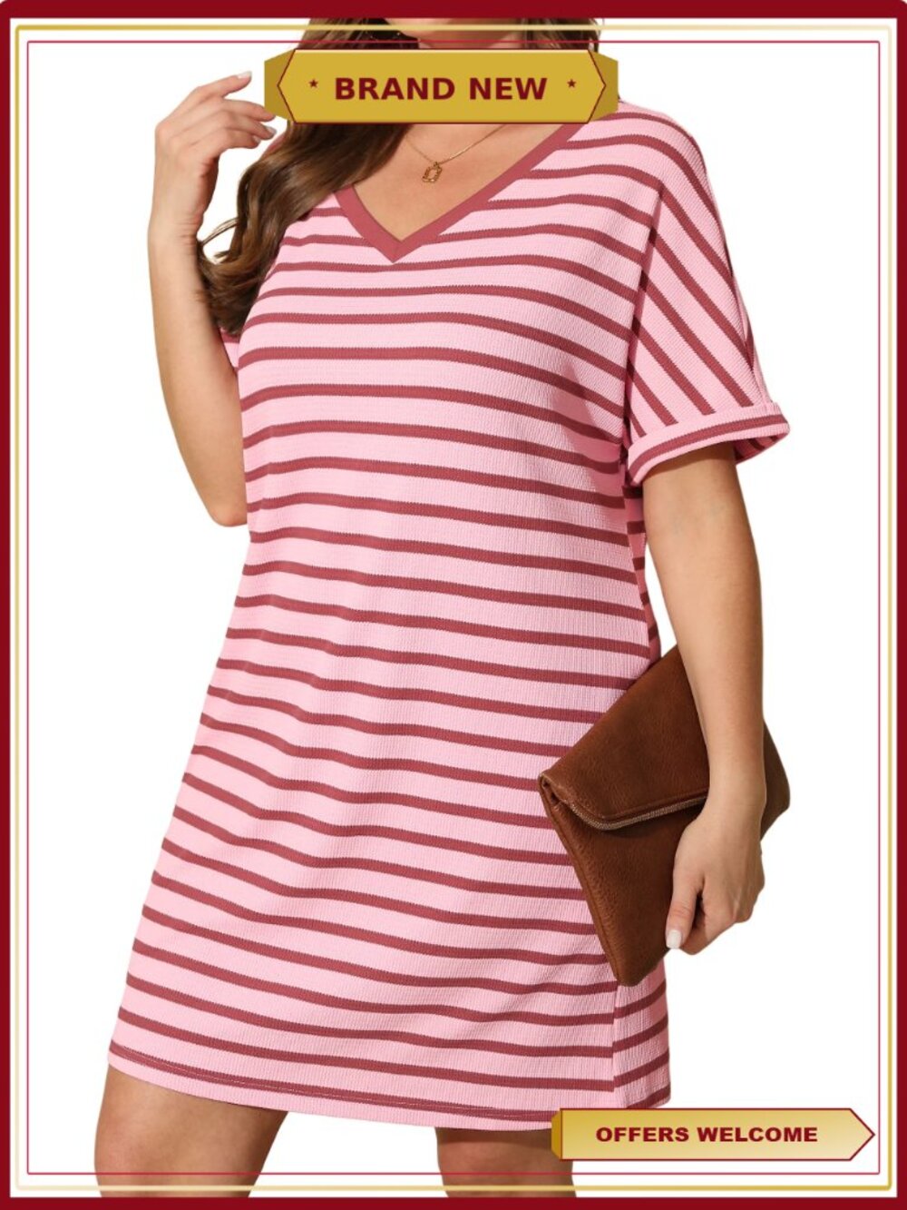 Plus Size Striped V Neck Short Sleeve T Shirt Dress with Pocket
